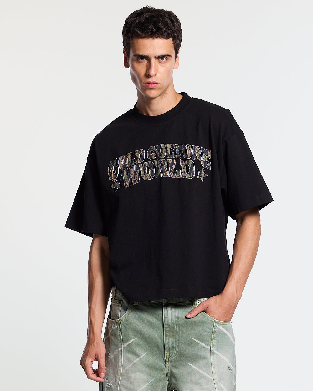 HUNTER TEE BLACK - black graphic print tee, front view on male model - Cold Culture #man