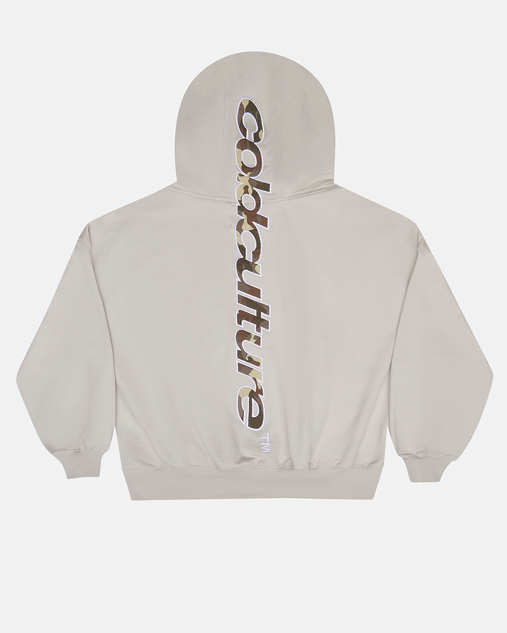 VERTICAL HOODIE LIGHT GREY - light grey oversized hoodie, back view - Cold Culture #packshot