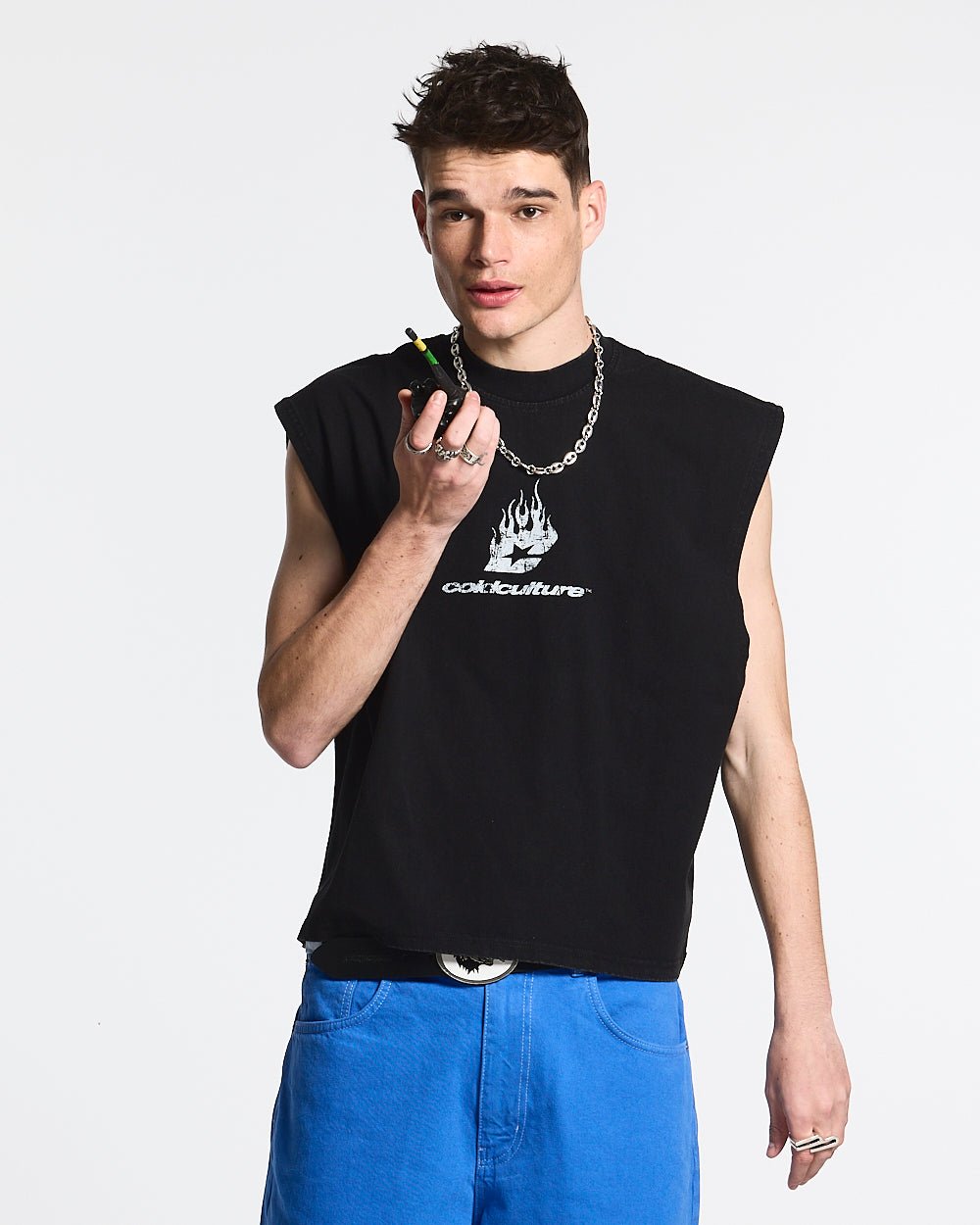 ACID BLACK BOXY TANK - black boxy sleeveless tee, front view on male model - Cold Culture #man