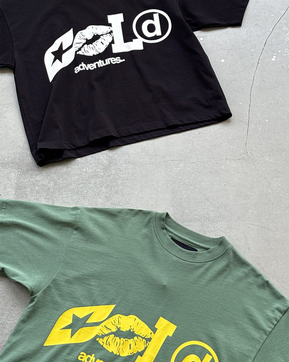 ADVENTURES TEE GREEN & YELLOW - green graphic print tee, detail close-up - Cold Culture