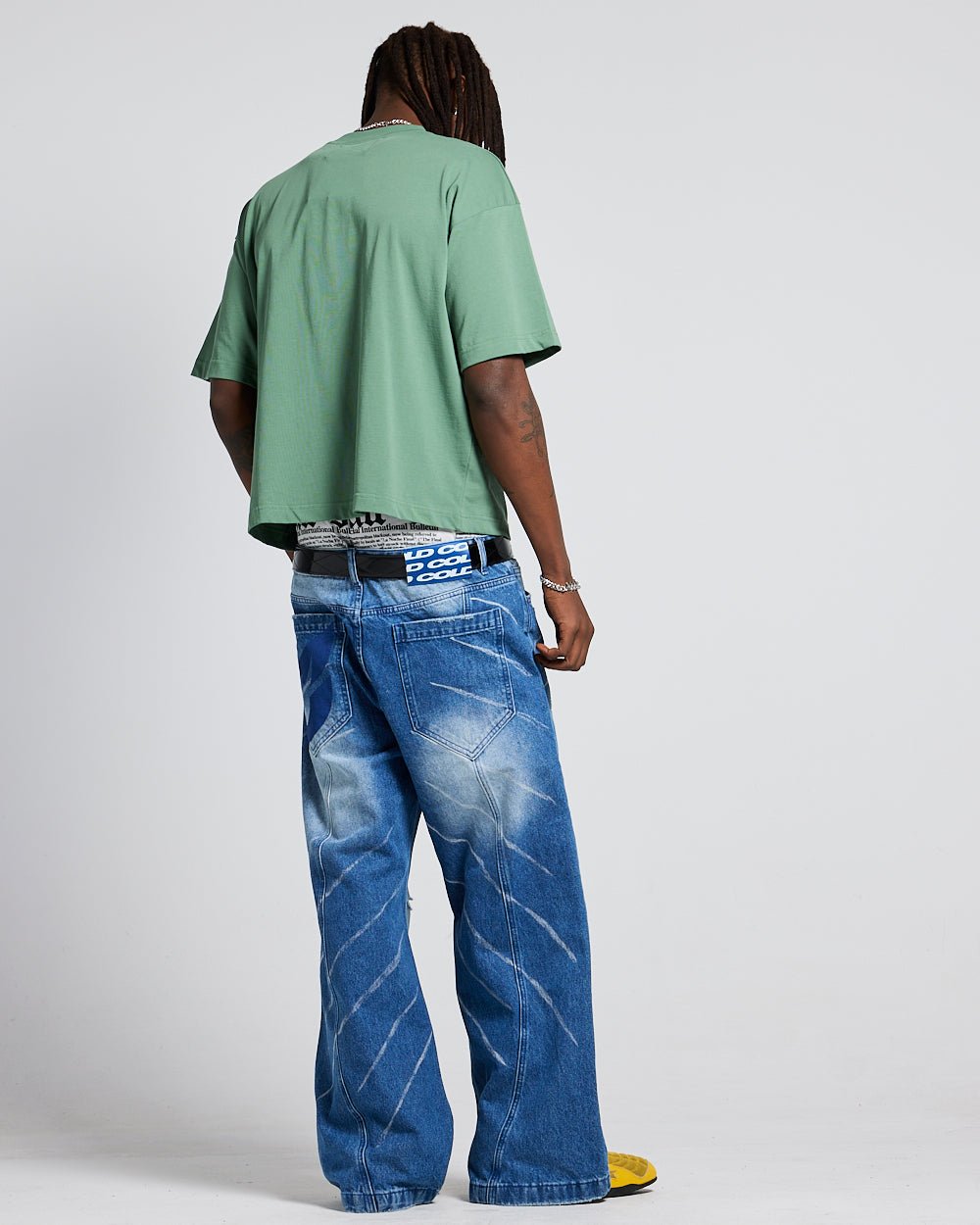 ADVENTURES TEE GREEN & YELLOW - green graphic print tee, back view on male model - Cold Culture #man