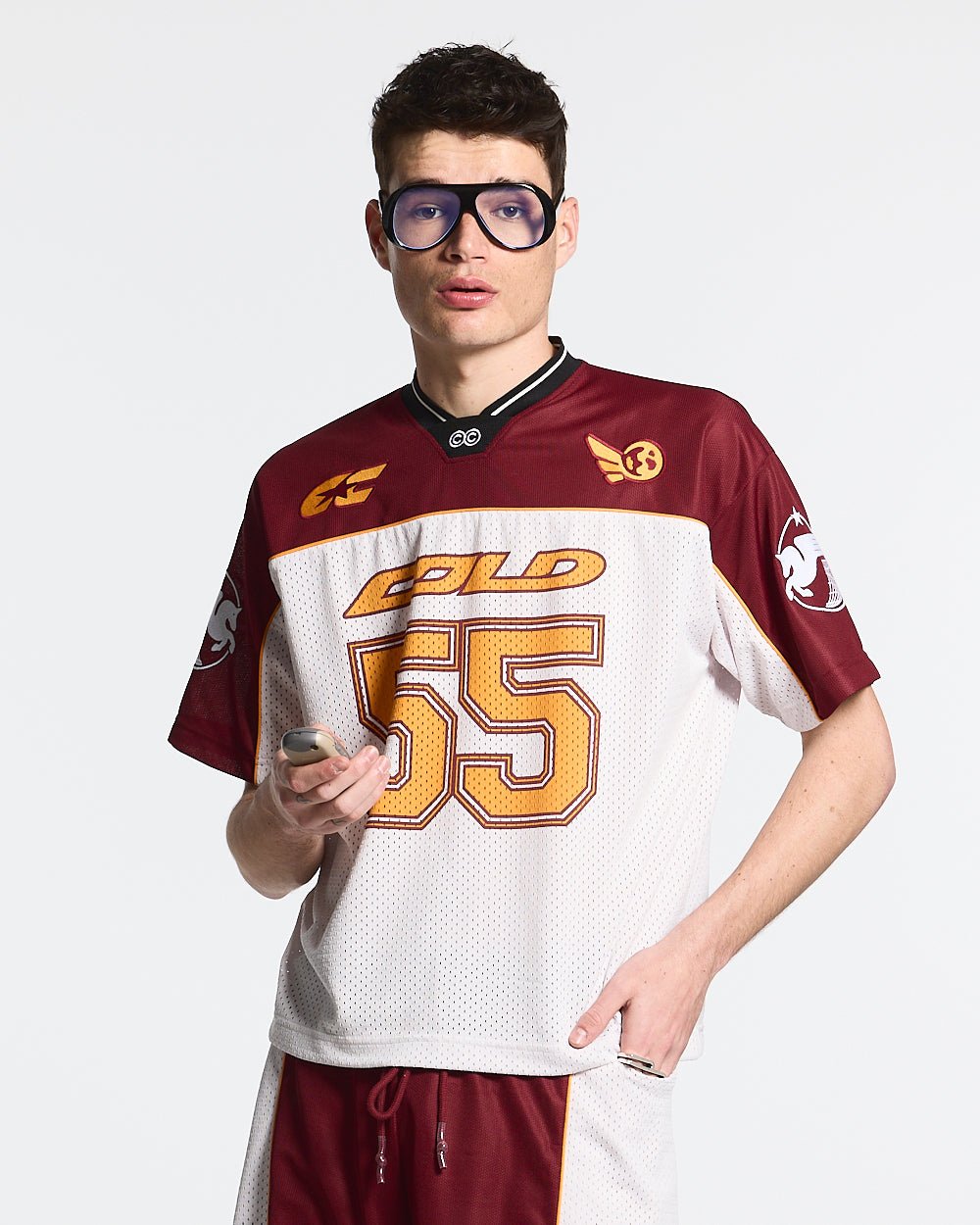 AERO STEED TEE CREAM/BURGUNDY - cream and burgundy mesh jersey tee, front view on male model - Cold Culture #man