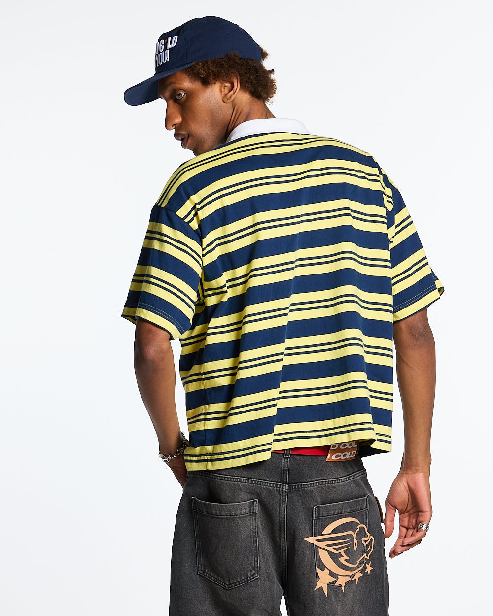 AEROSTRIPES POLO YELLOW/BLUE - yellow and blue striped polo shirt, back view on male model - Cold Culture #man