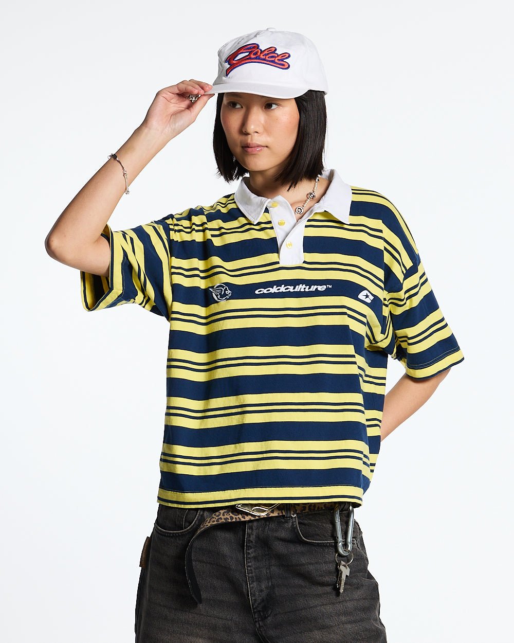 AEROSTRIPES POLO YELLOW/BLUE - yellow and blue striped polo shirt, front view on female model - Cold Culture #woman