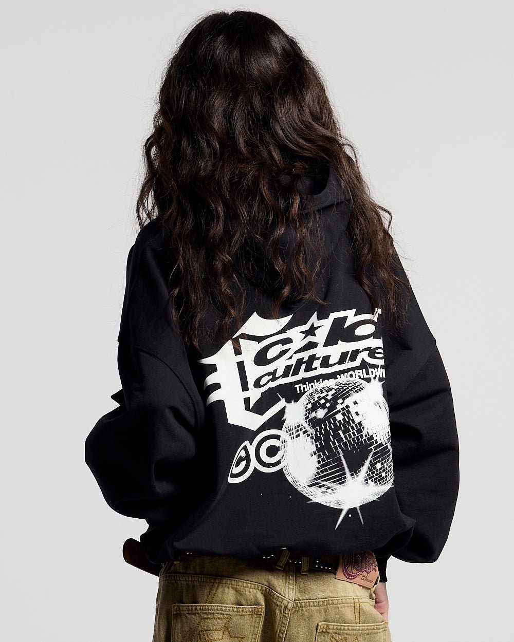 AFTER DARK HOODIE BLACK - black graphic print hoodie, back view on female model - Cold Culture #woman