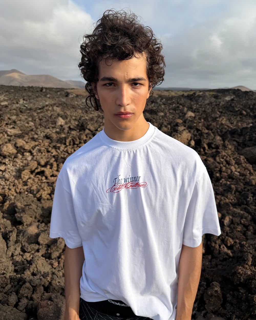 ALL IN TEE WHITE - white graphic print tee, street style shot - Cold Culture