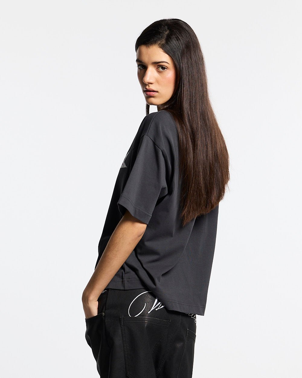 ALL STARS TEE DARK GREY - dark grey graphic print tee, back view on female model - Cold Culture #woman