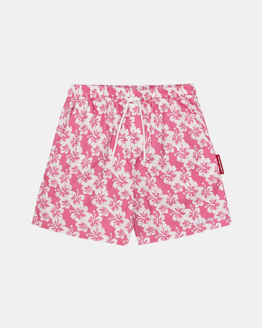 ALOHA SWIMSHORTS PINK - pink floral swim shorts, front view - Cold Culture #packshot