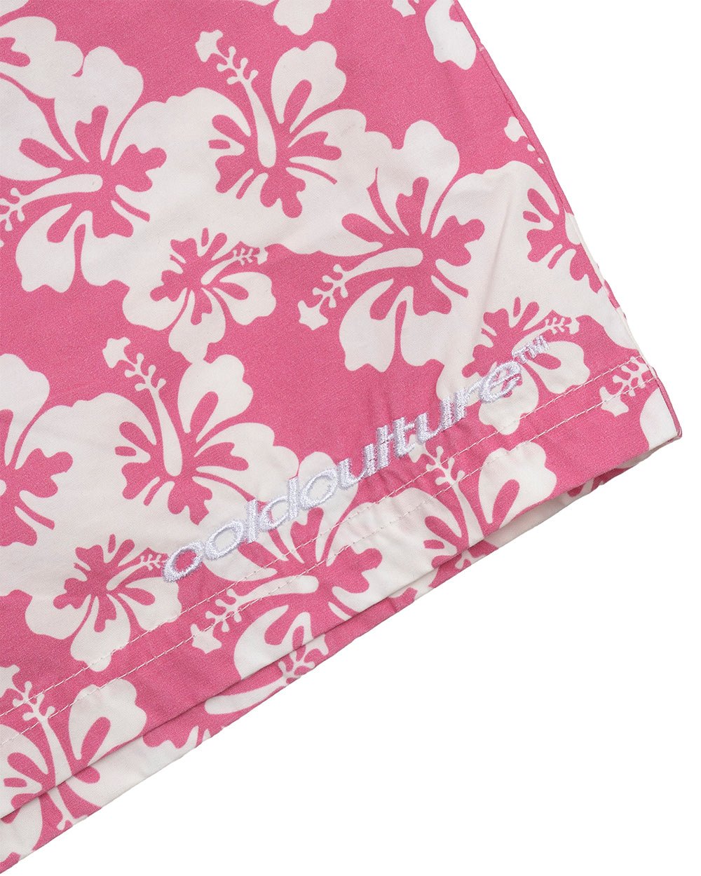 ALOHA SWIMSHORTS PINK - pink floral swim shorts, detail close-up - Cold Culture
