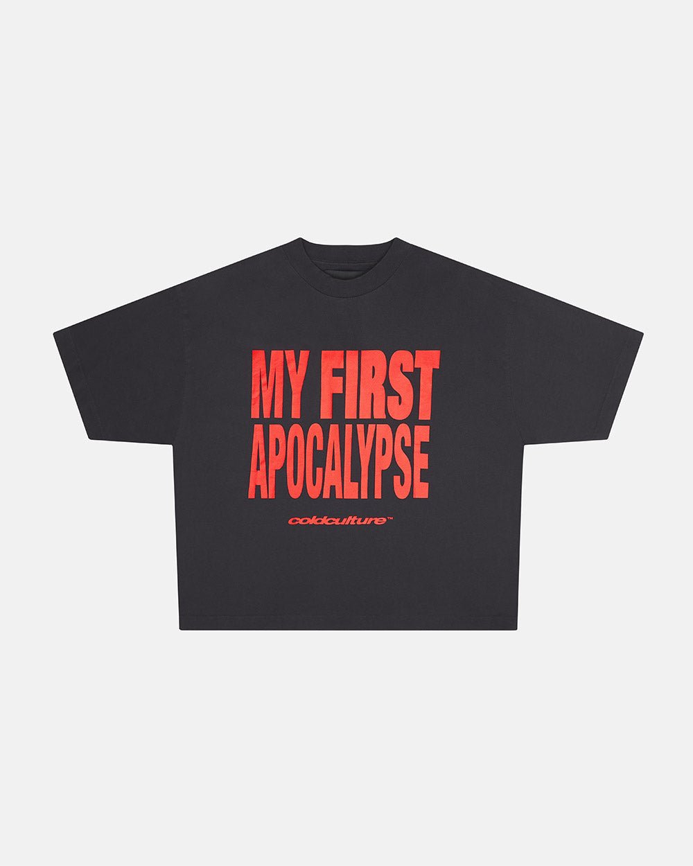 APOCALYPSE TEAM TEE GREY & RED - dark grey graphic print tee, front view - Cold Culture #packshot