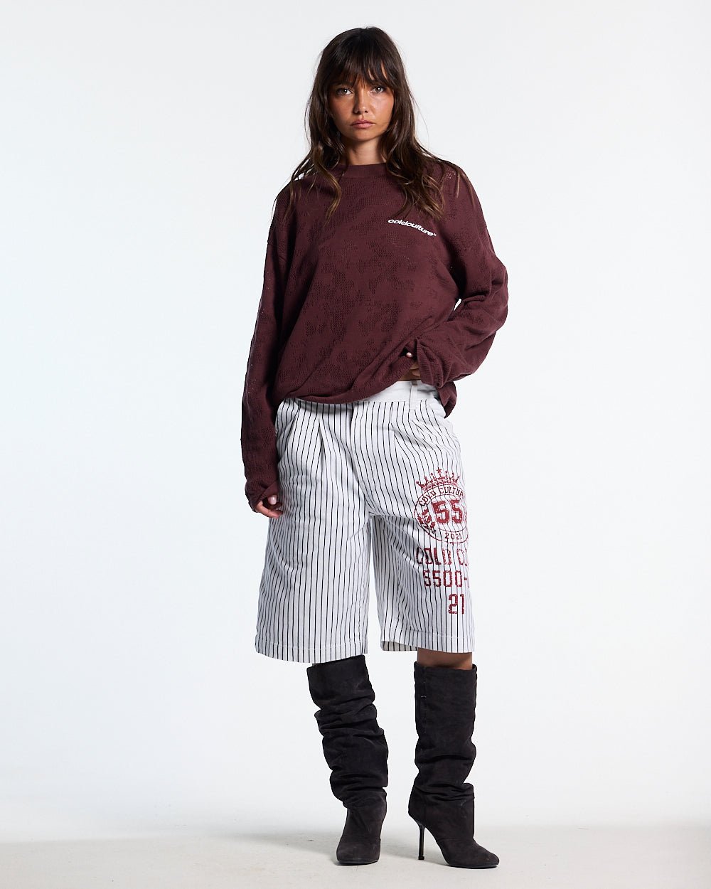 ARMED SAILOR V2 SHORTS WHITE - white pinstriped shorts, front view on female model - Cold Culture #woman