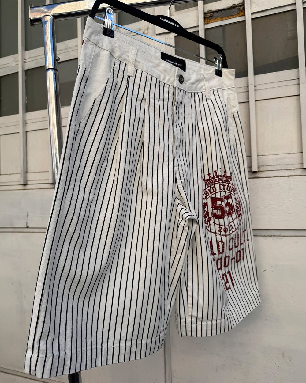 ARMED SAILOR V2 SHORTS WHITE - white pinstriped shorts, front view - Cold Culture