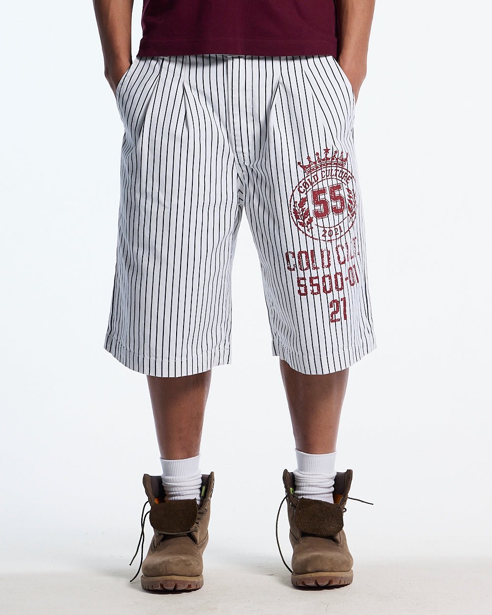 ARMED SAILOR V2 SHORTS WHITE - white pinstriped shorts, front view on male model - Cold Culture