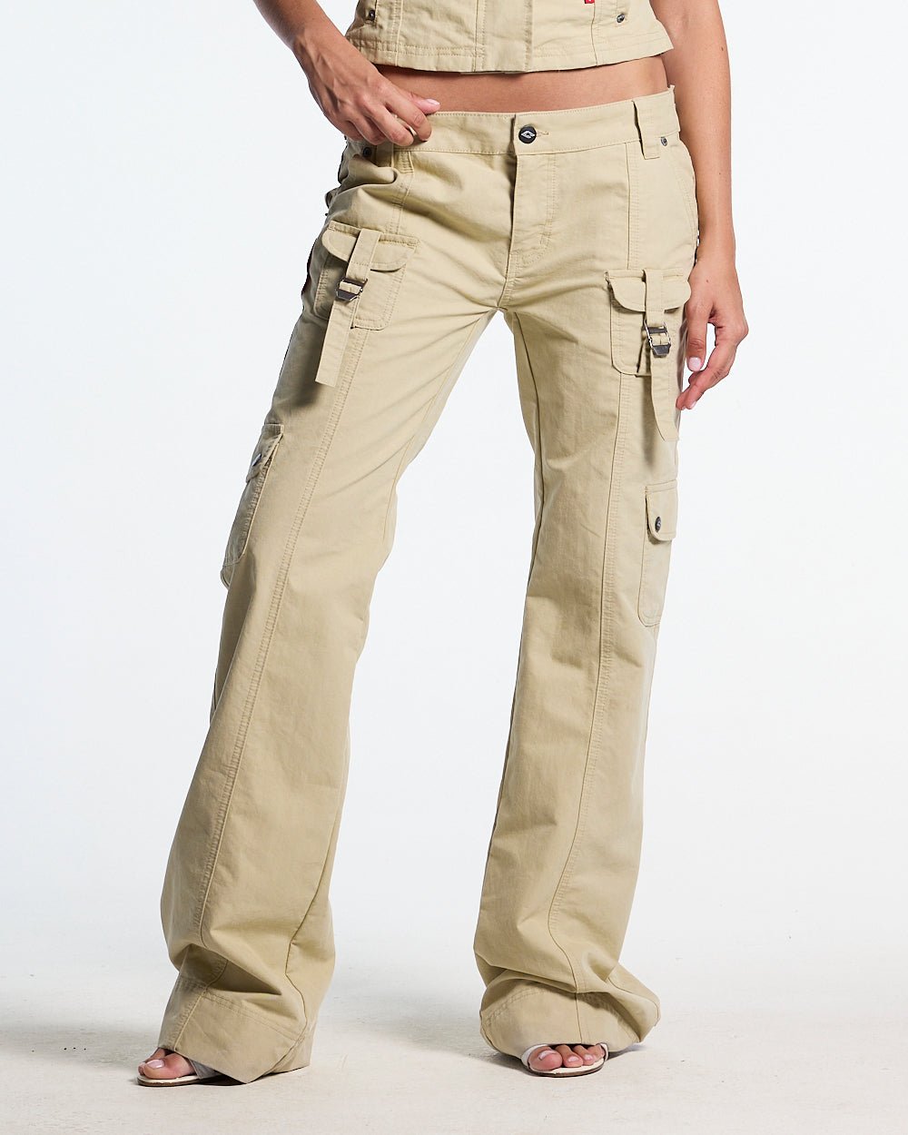 ARMY SCRIPT PANTS MILITARY GREEN - military green cargo pants, front view on female model - Cold Culture #woman