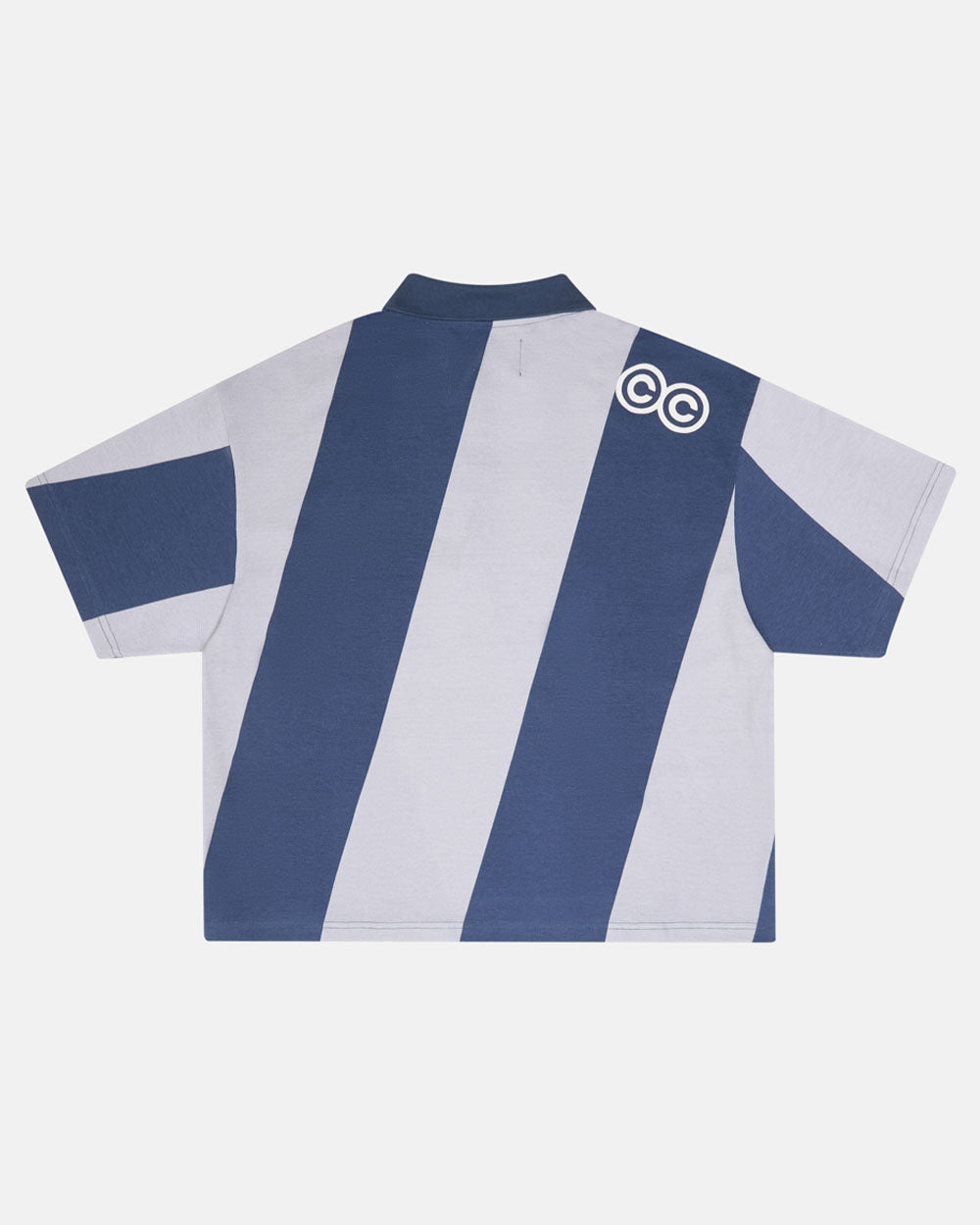 ASLANT STRIPES POLO TEE BLUE - blue and grey striped polo shirt, back view - Cold Culture #packshot