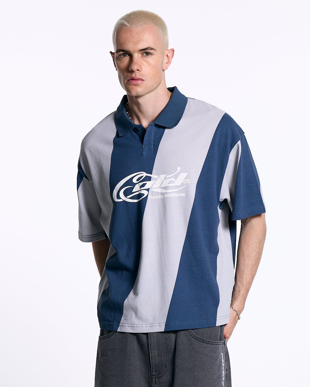 ASLANT STRIPES POLO TEE BLUE - blue and grey striped polo shirt, front view on male model - Cold Culture #man