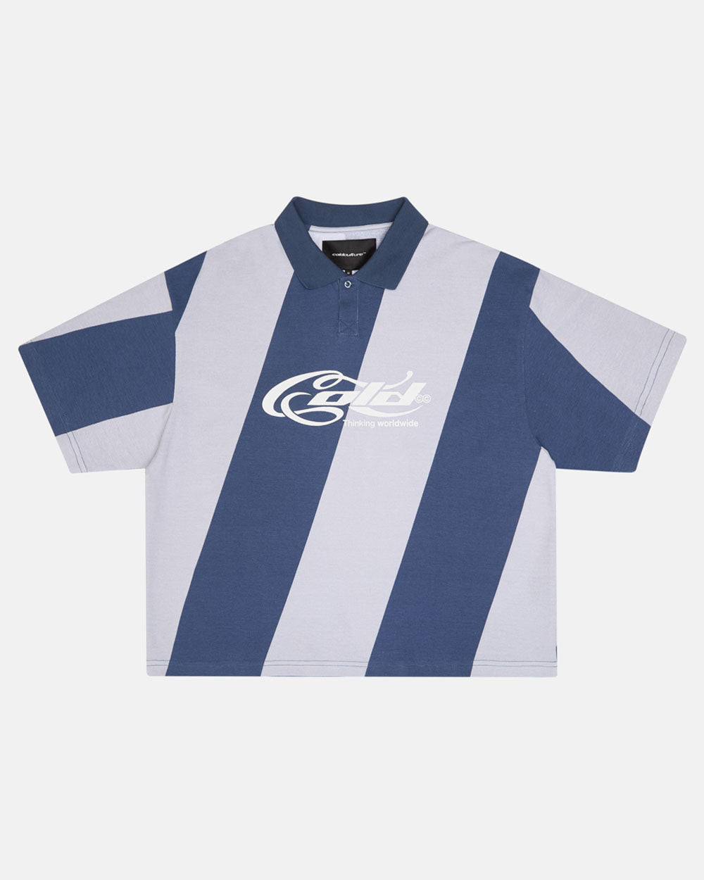 ASLANT STRIPES POLO TEE BLUE - blue and grey striped polo shirt, front view - Cold Culture #packshot