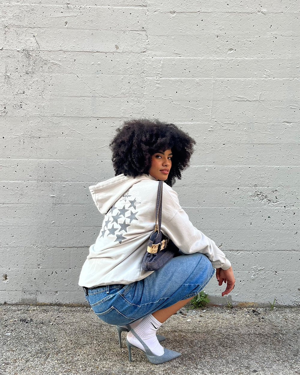 ASTRO HOODIE - light grey star print hoodie, street style shot - Cold Culture #woman