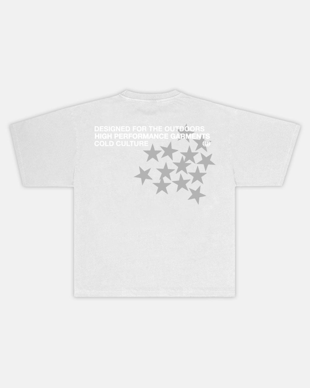 ASTRO TEE LIGHT GREY - light grey star print tee, back view - Cold Culture #packshot