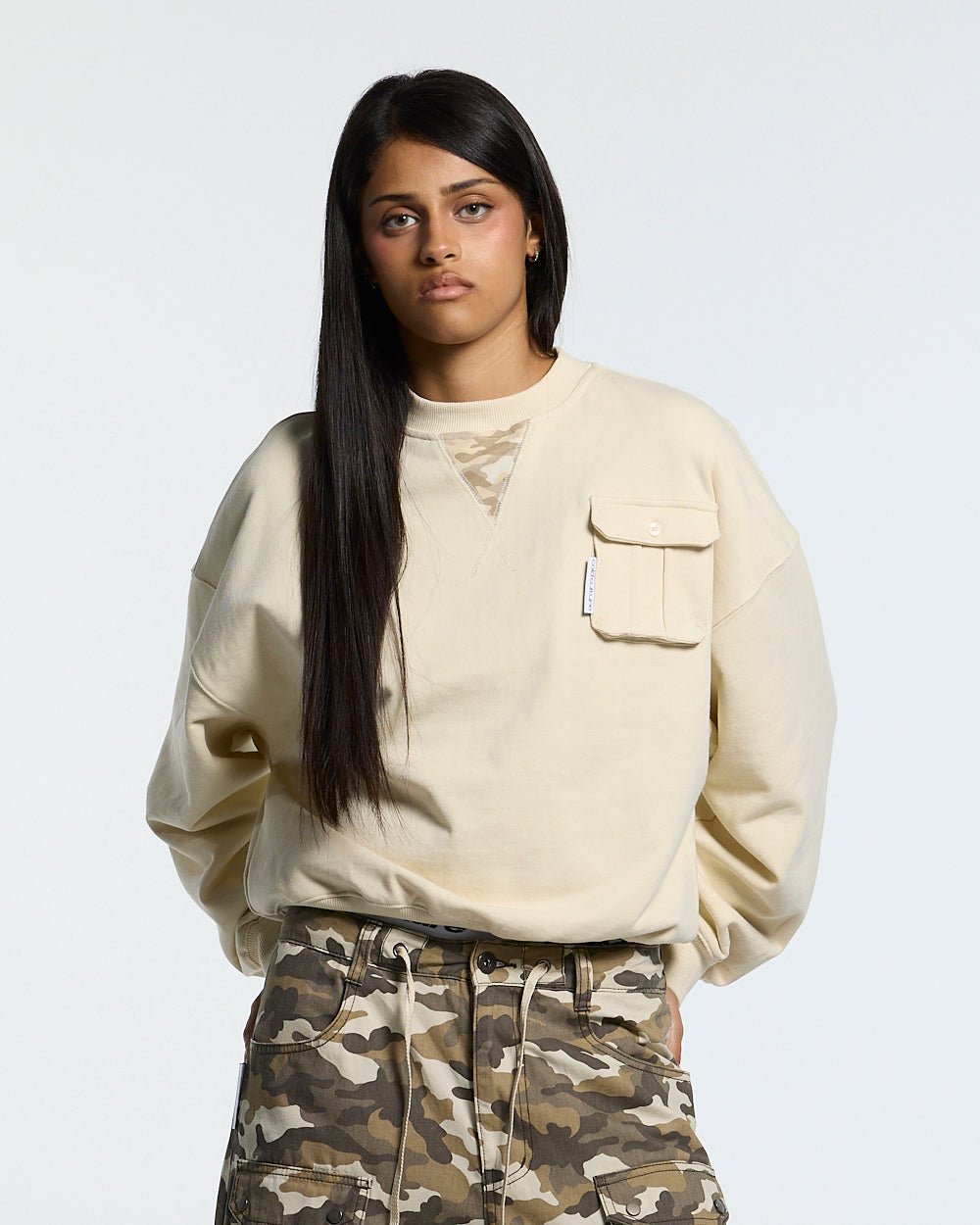 AUTHORITY CAMO CREWNECK CREAM - cream crewneck sweatshirt, front view on female model - Cold Culture #woman