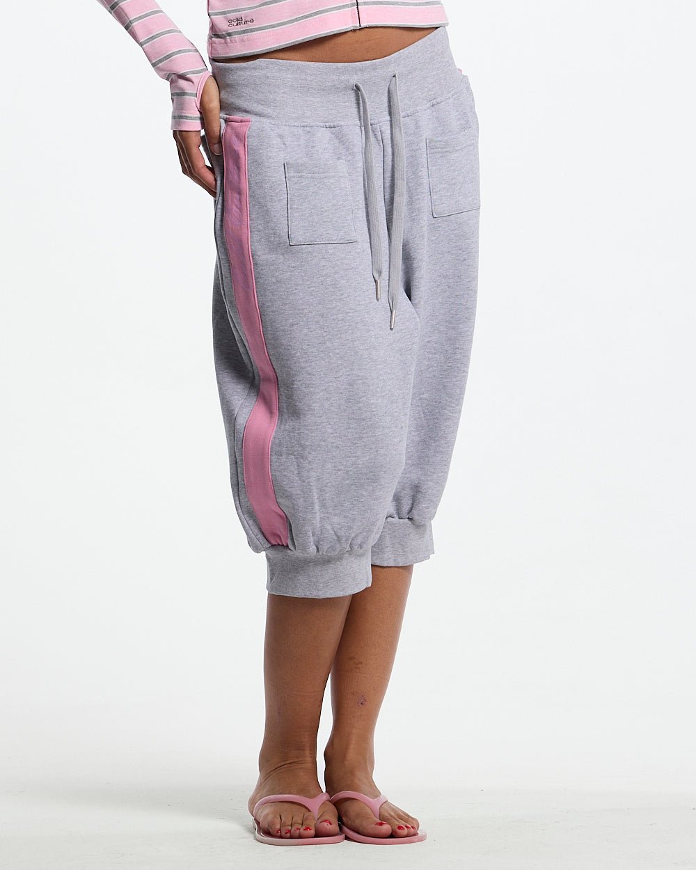 B-BOY CAPRI PANTS HEATHER GREY - heather grey capri sweatpants, front view on female model - Cold Culture #woman