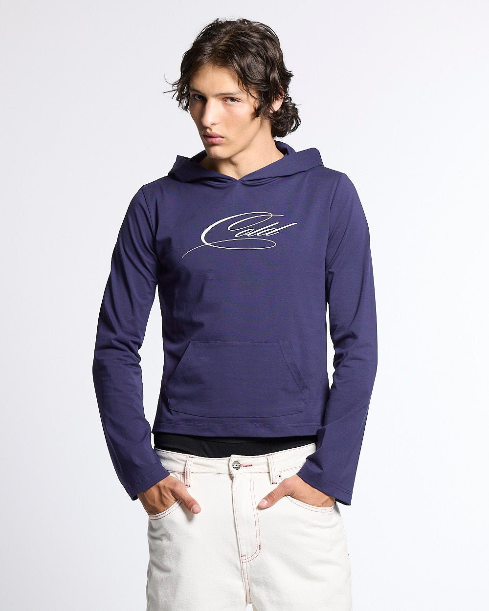 BABY SCRIPT HOODIE BLUE - blue women's hoodie, front view on male model - Cold Culture #man