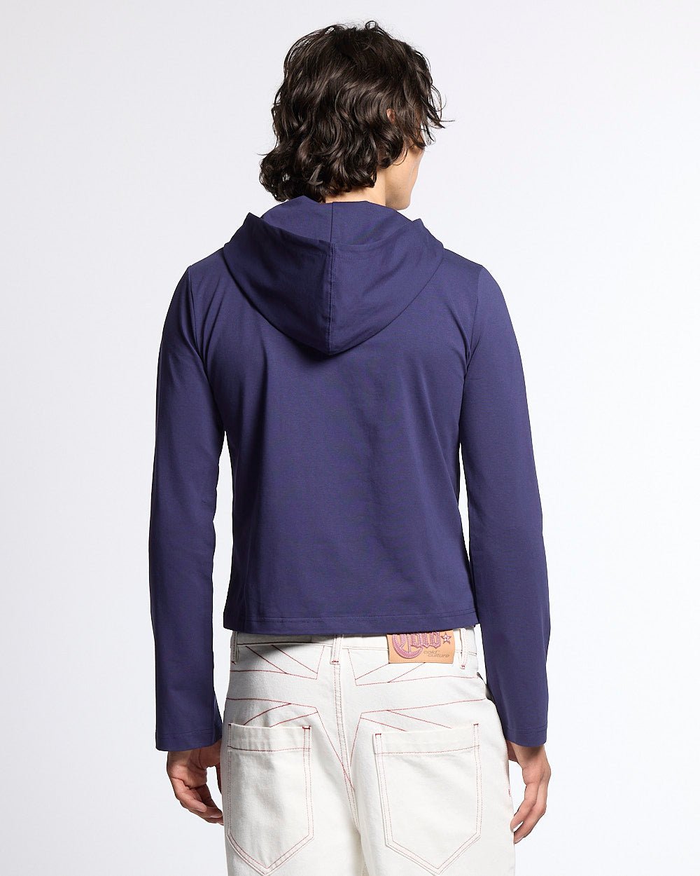 BABY SCRIPT HOODIE BLUE - blue women's hoodie, back view on male model - Cold Culture #man