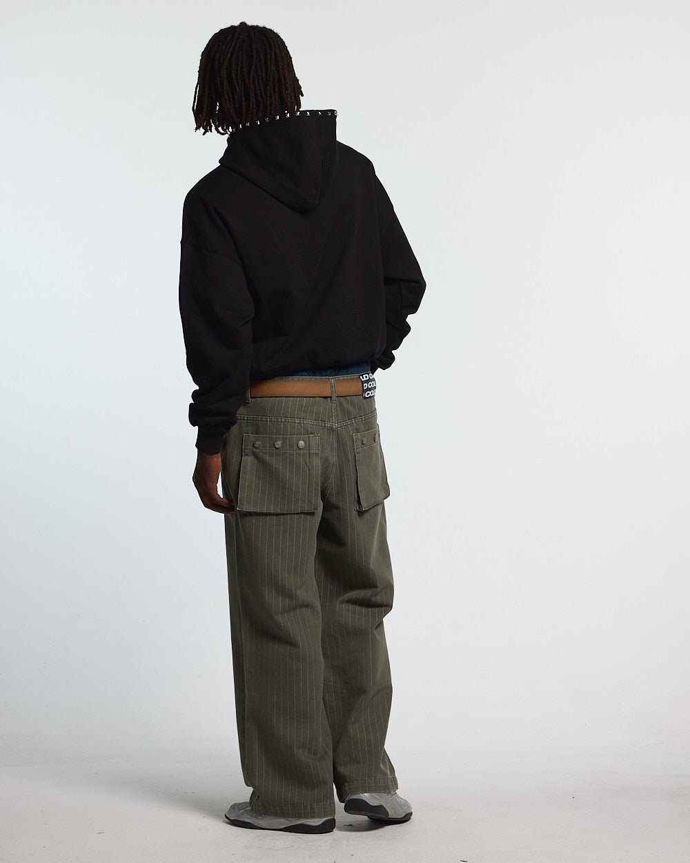 BADGES HOODIE BLACK - black studded hoodie, back view on male model - Cold Culture