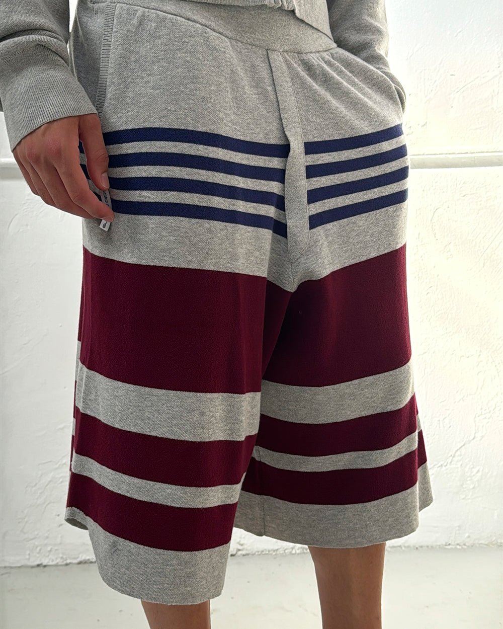 BAIT KNIT SHORT HEATHER GREY - heather grey striped knit shorts, worn detail - Cold Culture