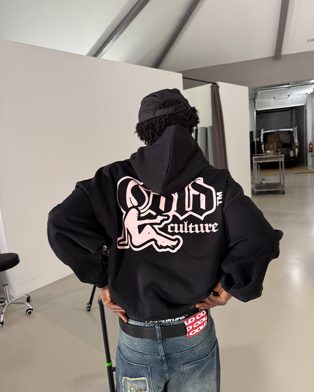 BANG BANG HOODIE BLACK - black graphic print hoodie, street style shot - Cold Culture