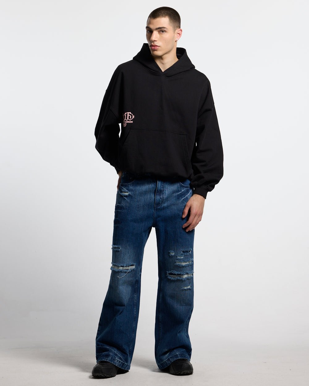 BANG BANG HOODIE BLACK - black graphic print hoodie, front view on male model - Cold Culture #man