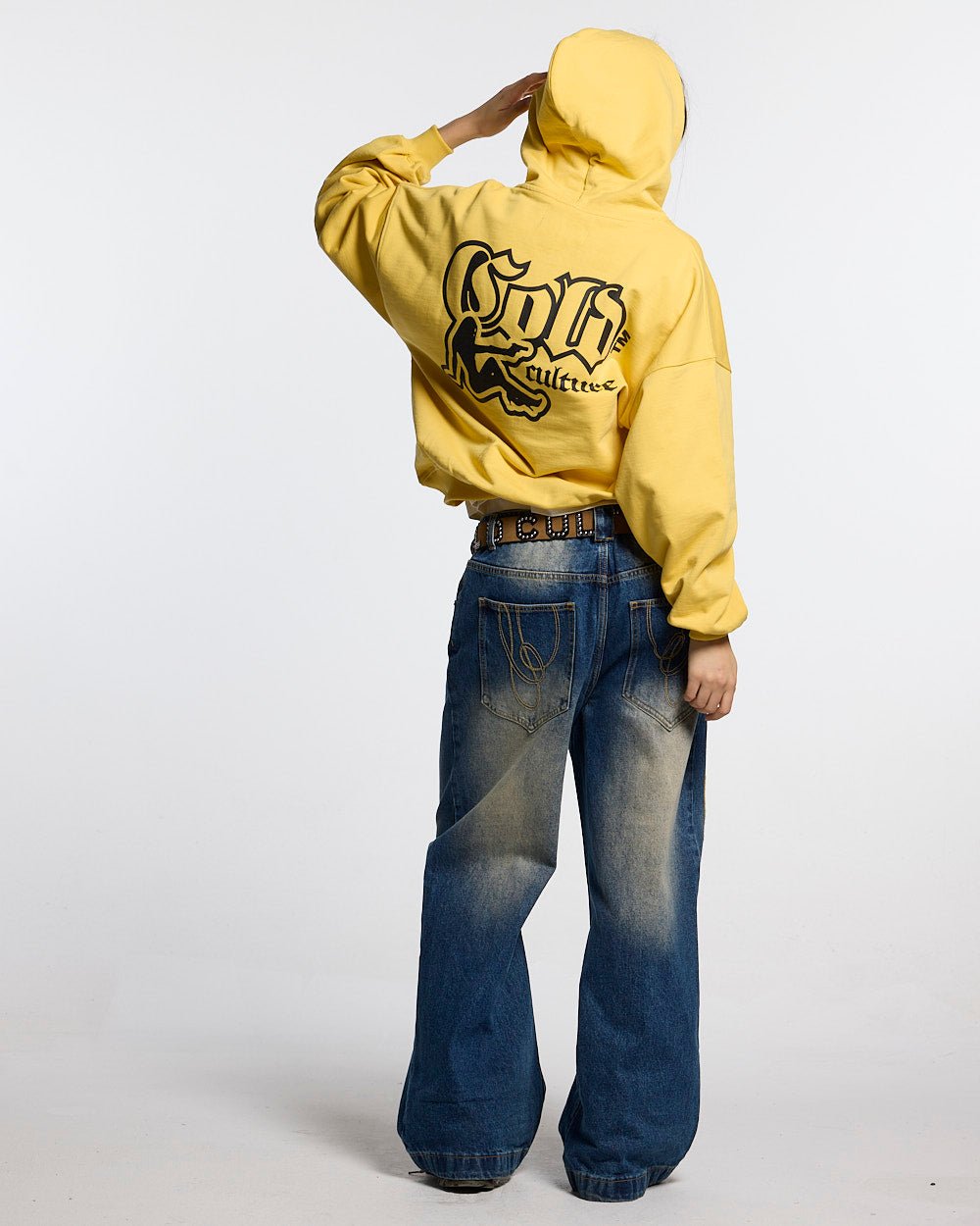BANG BANG HOODIE YELLOW - yellow graphic print hoodie, back view on female model - Cold Culture #woman