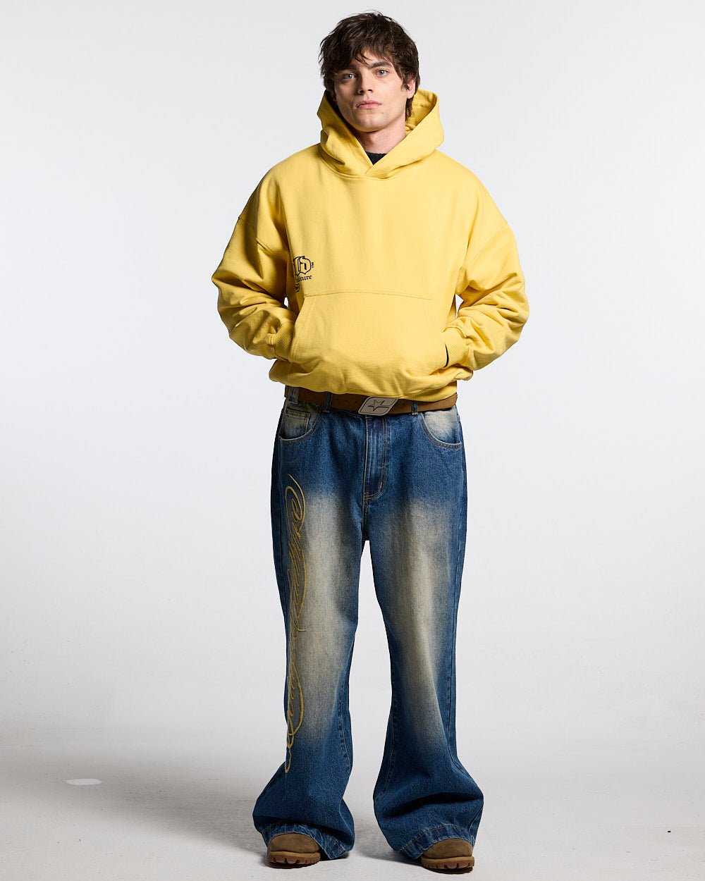 BANG BANG HOODIE YELLOW - yellow graphic print hoodie, front view on male model - Cold Culture #man