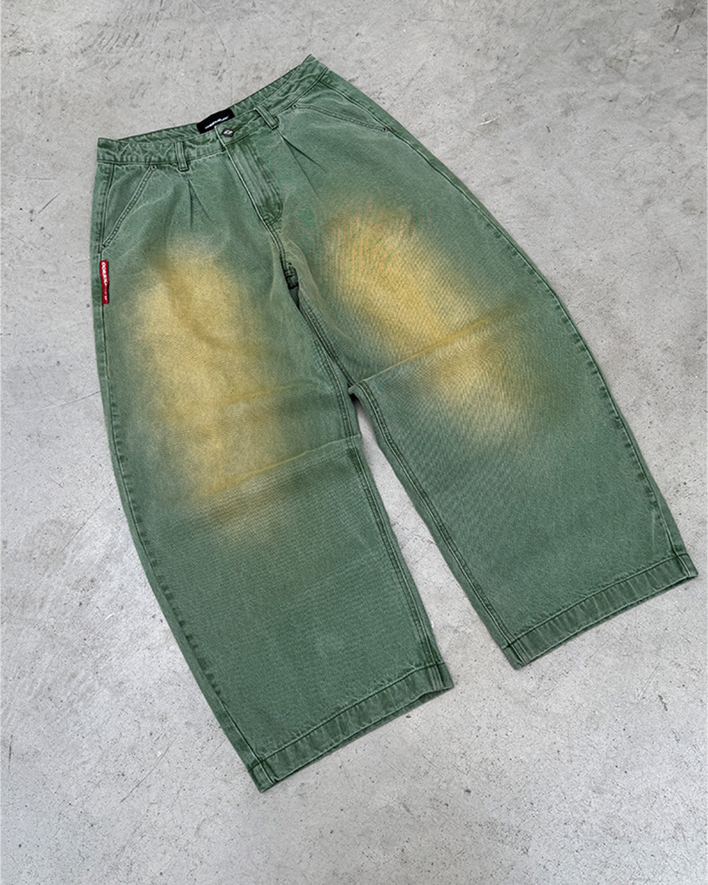 BARREL V4 PANTS GREEN - green washed barrel pants, flat lay - Cold Culture