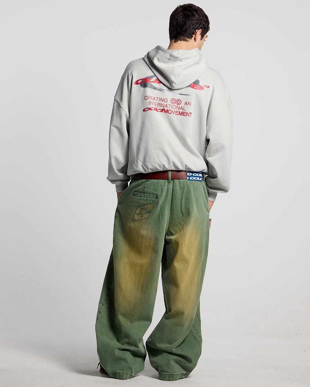 BARREL V4 PANTS GREEN - green washed barrel pants, back view on male model - Cold Culture #man