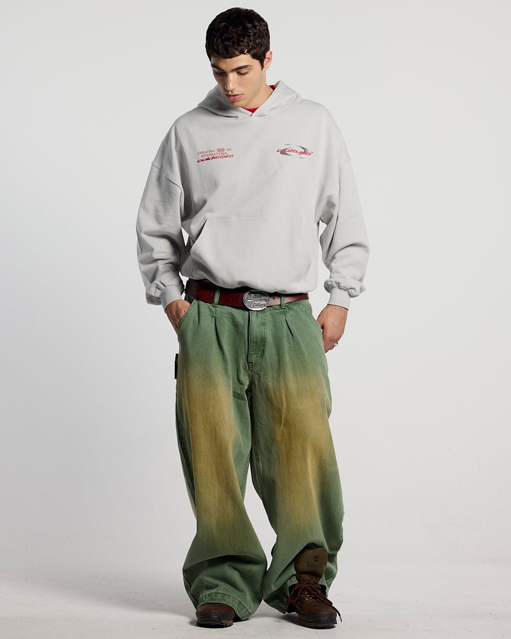 BARREL V4 PANTS GREEN - green washed barrel pants, front view on male model - Cold Culture #man