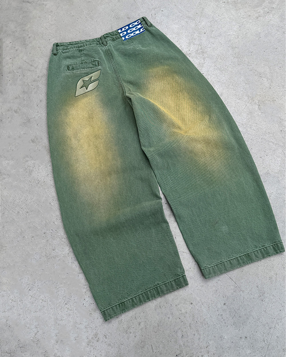 BARREL V4 PANTS GREEN - green washed barrel pants, flat lay - Cold Culture