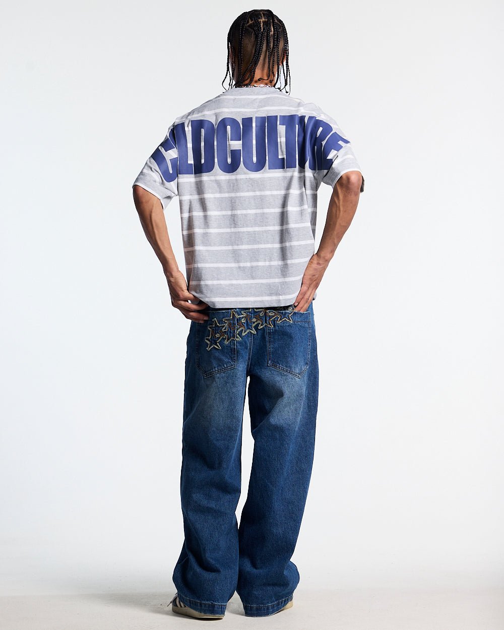 BAY STRIPE TEE GREY - grey striped tee, back view on male model - Cold Culture #man