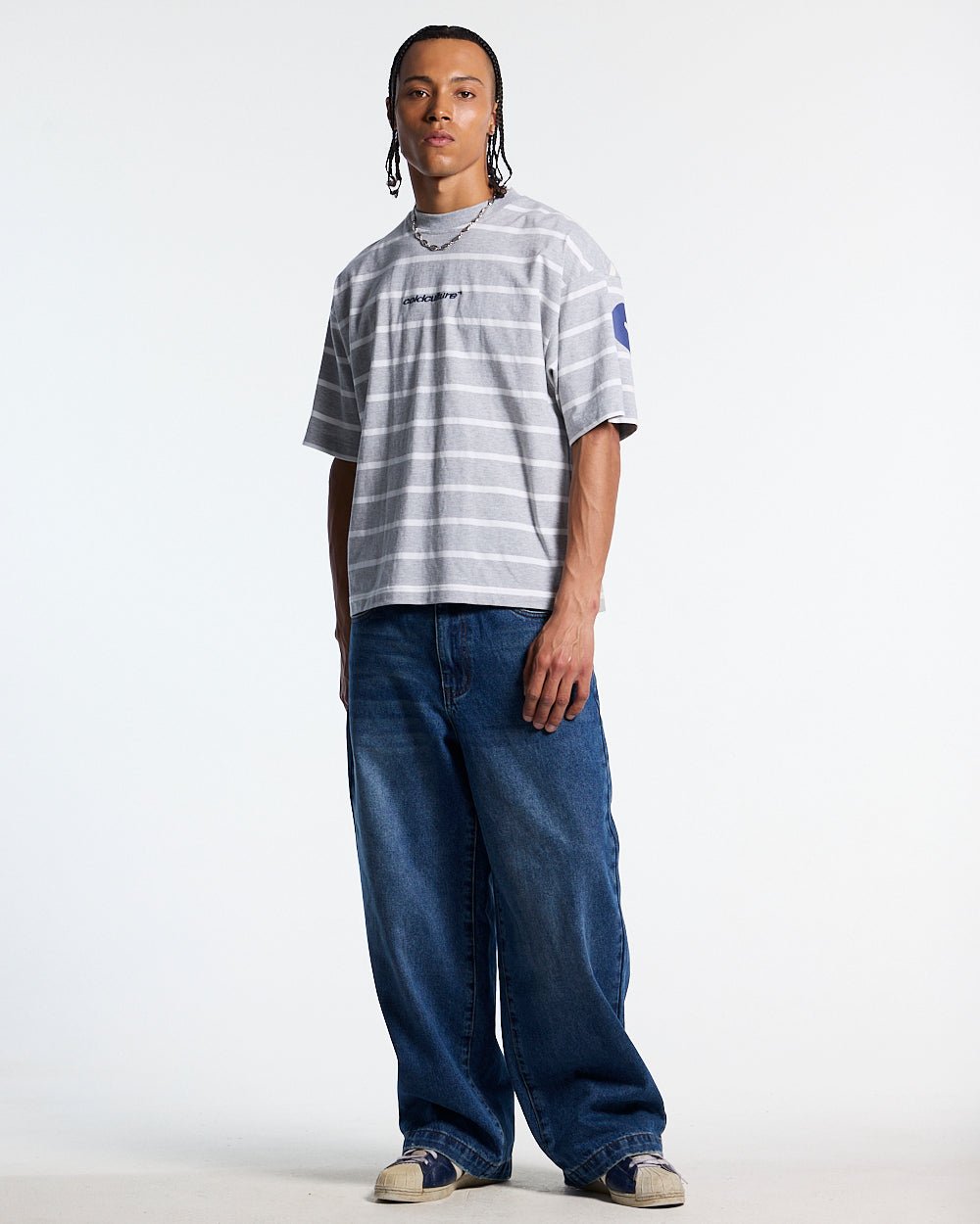 BAY STRIPE TEE GREY - grey striped tee, front view on male model - Cold Culture #man