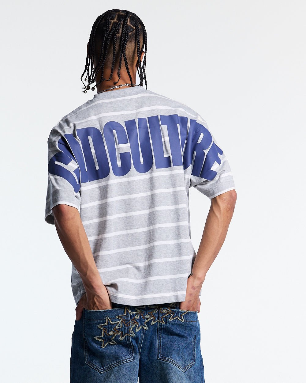 BAY STRIPE TEE GREY - grey striped tee, back view on male model - Cold Culture #man