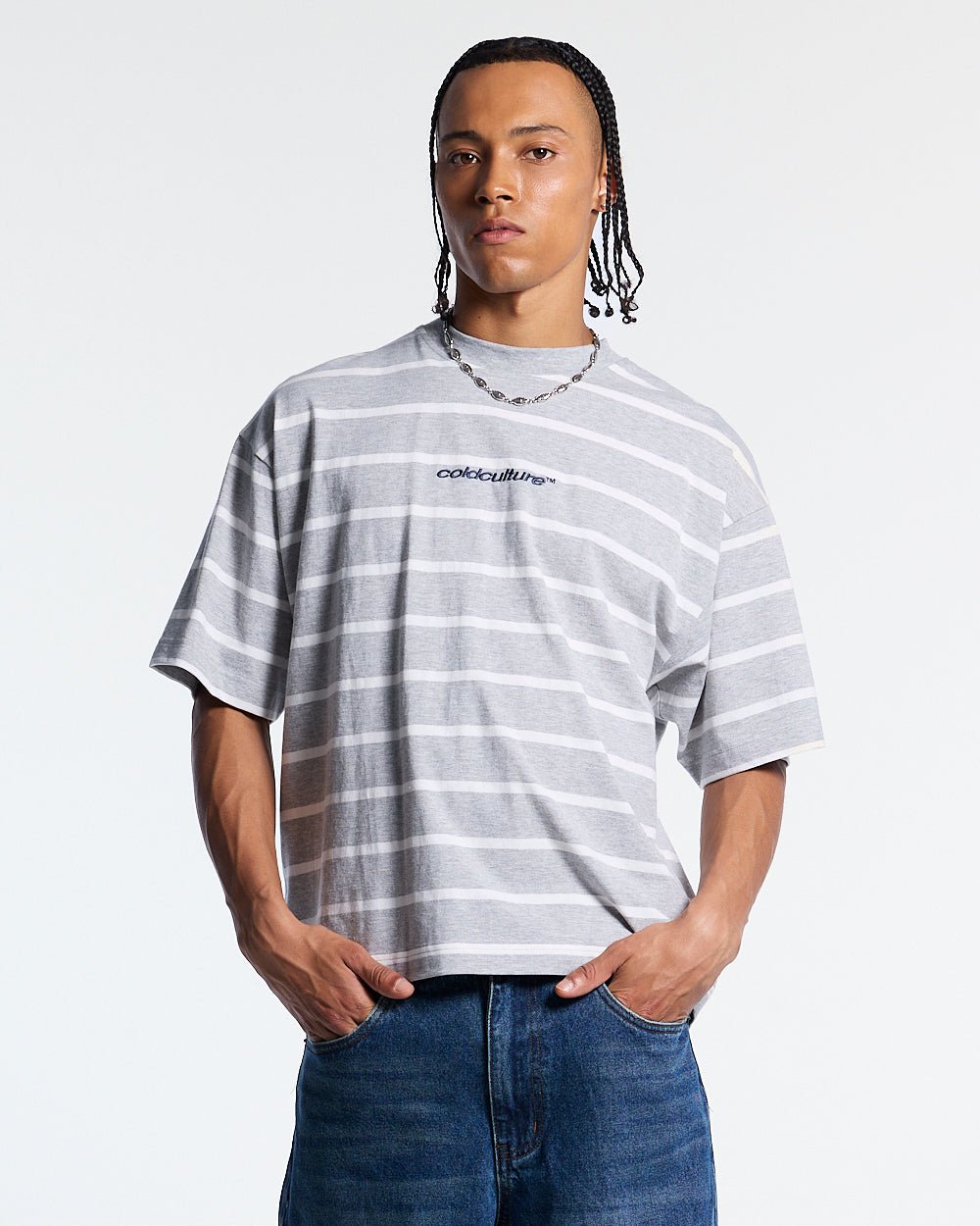 BAY STRIPE TEE GREY - grey striped tee, front view on male model - Cold Culture #man