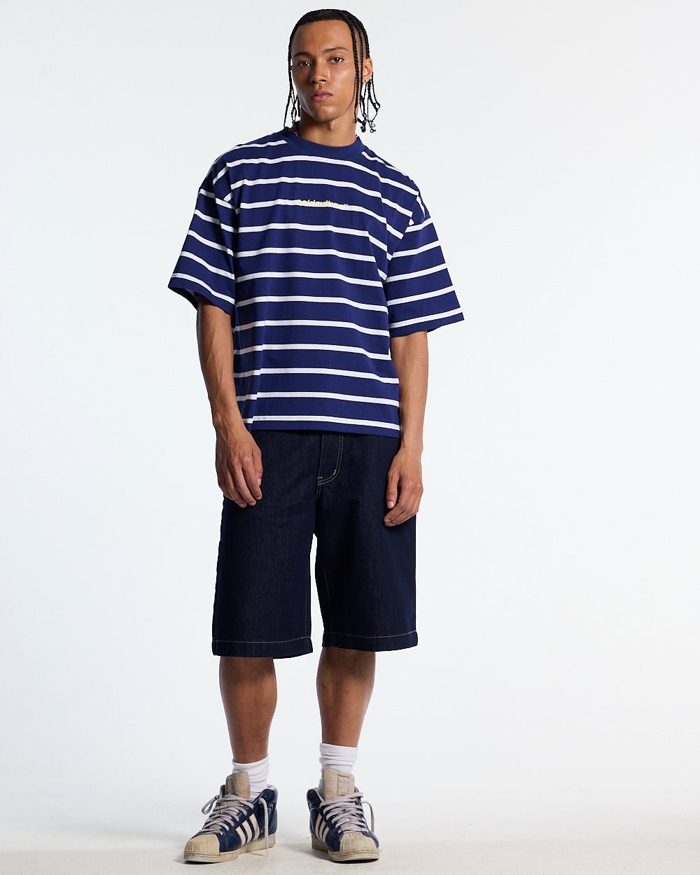 BAY STRIPE TEE NAVY - navy striped tee, front view on male model - Cold Culture #man