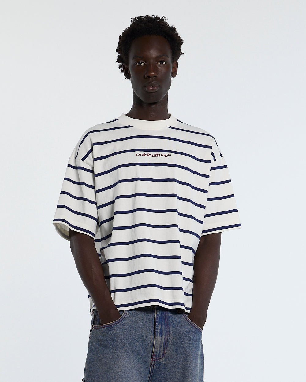 BAY STRIPE TEE WHITE - white striped tee, front view on male model - Cold Culture #man