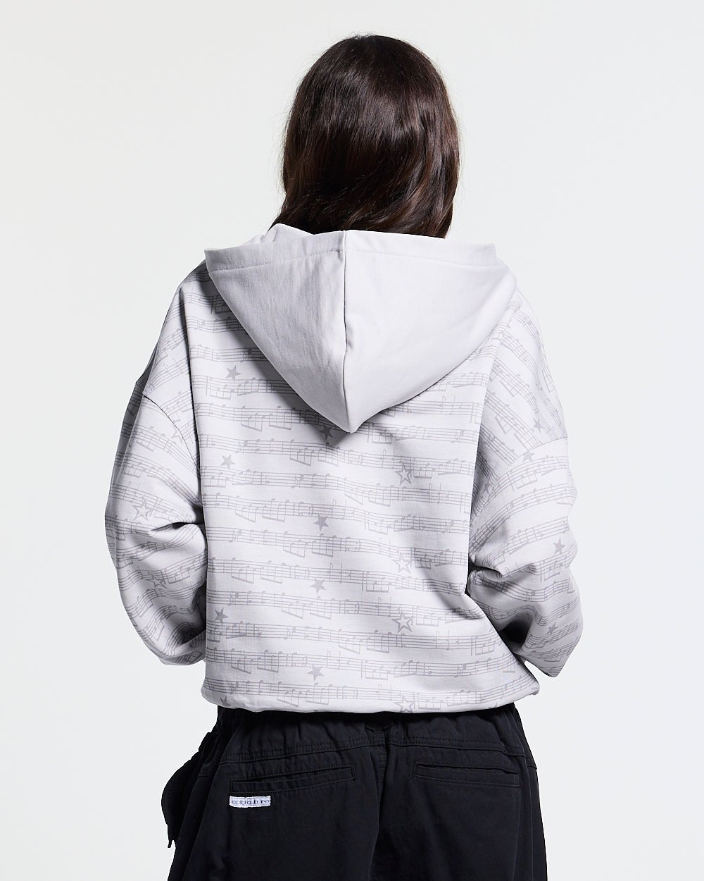 BEAT IT ZIP HOODIE GREY - grey printed zip-up hoodie, back view on female model - Cold Culture #woman