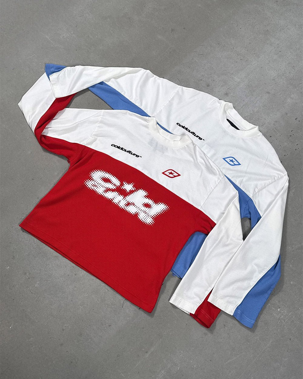 BICOLOR WAFFLE LONGSLEEVE BLUE & WHITE - blue and white colorblock longsleeve tee, flat lay with matching pieces - Cold Culture
