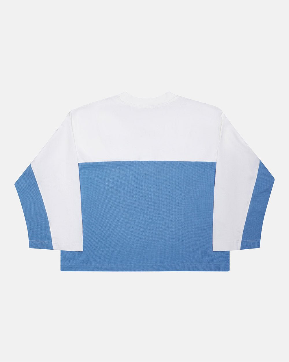 BICOLOR WAFFLE LONGSLEEVE BLUE & WHITE - blue and white colorblock longsleeve tee, back view - Cold Culture #packshot