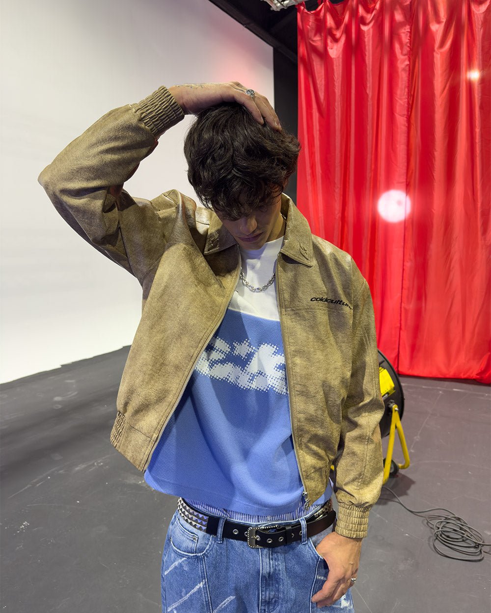 BICOLOR WAFFLE LONGSLEEVE BLUE & WHITE - blue and white colorblock longsleeve tee, front view on male model - Cold Culture