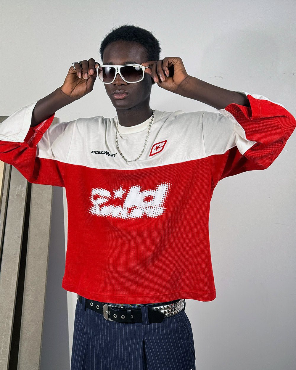 BICOLOR WAFFLE LONGSLEEVE RED & WHITE - red and white colorblock longsleeve tee, front view on male model - Cold Culture