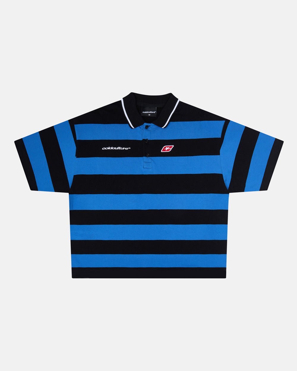 BIG STRIPES POLO T-SHIRT JASPER BLUE - blue and black striped polo shirt, front view - Cold Culture #packshot