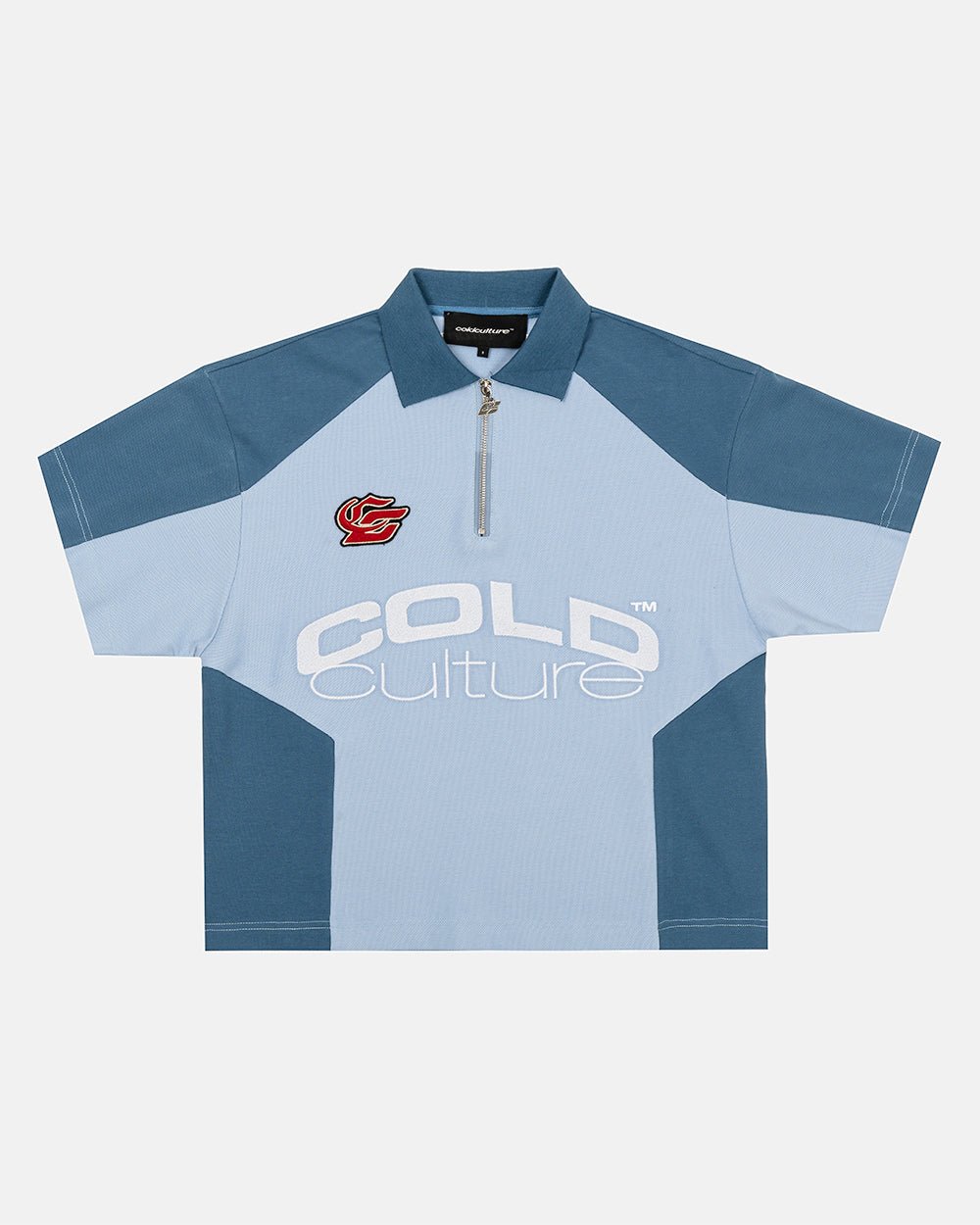 BIKER POLO LIGHT BLUE - light blue half-zip polo, front view - Cold Culture #packshot